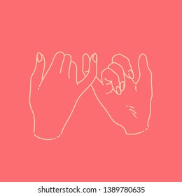 Linear hand drawn vector illustration on pinky swear promise with two hands touching pinkie fingers