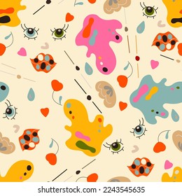 Linear hand drawn vector illustration. Seamless pattern with bright abstract shapes, eyes, lips. Doodle art. 