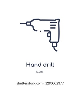 Linear hand drill icon from Construction tools outline collection. Thin line hand drill vector isolated on white background. hand drill trendy illustration