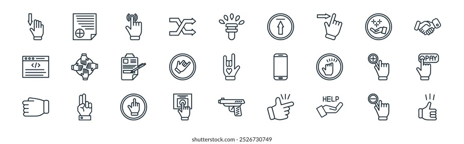 Vector de línea delgada para alejar, documento, doble toque, recepción, cuelgue la mano suelta, pague, pistola, buenos íconos adecuados para App y Sitios web Diseños de interfaz de usuario