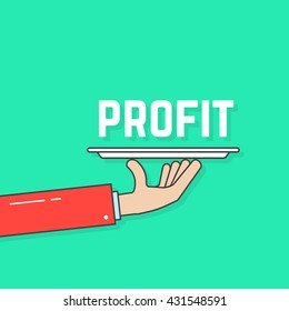 linear hand holding profit on plate. concept of mortage, revenue, win, stock, waiter, manager strategy, grant, motivation. flat style trend modern logo design vector illustration on white background