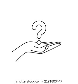 linear hand holding question mark like doubt icon. concept of finding or choose symbol in stroke art design or frequently asked questions or faq badge element in lineart graphic
