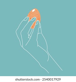 A linear hand holds a chicken egg. Illustration for a recipe. Hand drawn vector illustration.