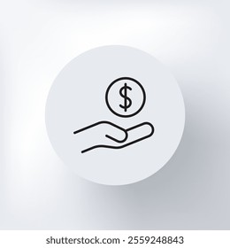 A linear hand icon with a dollar coin above it, a concept of investment or donation. 