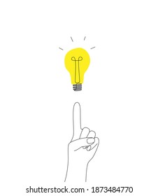 señal lineal de mano y lámpara. concepto de tener idea, ingeniosa solución, plan. estilo dibujado a mano de esquema. bombilla amarilla y brazo aislados en fondo blanco
