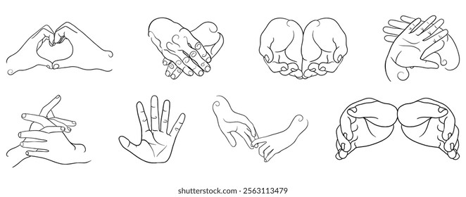 Linear hand sketch displaying diverse communication gestures, revealing counting signals, heart formation, and holding positions