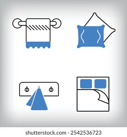 Linear hand towel, bed and pillow icon set. Different designs of household materials and appliances.