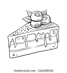 Linear hand-drawn dessert, a piece of cake with berries