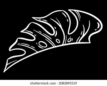 Linear hand-drawn drawing of Monster leaves. Vector illustration white outline drawing isolated on black background.