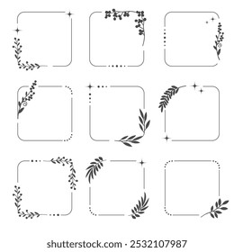 Linear hand-drawn square frame with leaves. Border for banner, wedding, greeting card design, vector set