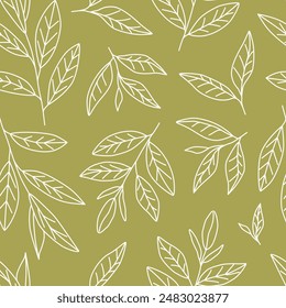 Linear hand-drawn tea leaves seamless pattern. Line art sketch of tea branches. Green and black tea. Doodle botanicals. Plant. Nature. Background, wallpaper, digital paper.