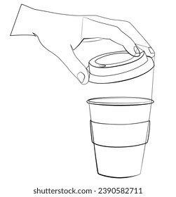 Las manos lineales sostienen una taza de café. Distintas posiciones de mano. Café. Manos con una taza de café para cafés y tiendas sobre un fondo abstracto moderno, formas y dibujos vectoriales. Manos.