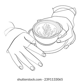 Linear hands hold a coffee cup. Different hand positions. Coffee. Hands with a coffee cup for cafes and shops on an abstract modern background, shapes and vector drawings. Hands.