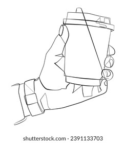 Linear hands hold a coffee cup. Different hand positions. Coffee. Hands with a coffee cup for cafes and shops on an abstract modern background, shapes and vector drawings. Hands.