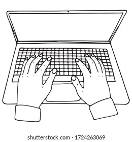 Linear hands on a laptop keyboard on a white background. Hand-drawing freelancer at work in vector format. Stock image of remote work.
