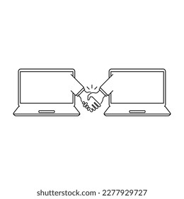 linear handshake and laptops like partnership. simple flat lineart style trend modern stroke logo graphic art design illustration isolated on white background. concept of global remote collaborative