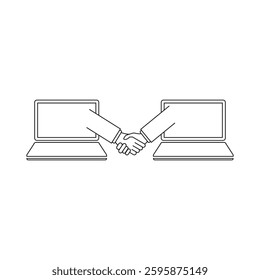 linear handshake and laptops like partnership. simple flat lineart style trend modern stroke logo graphic art design illustration isolated on white background.