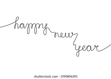 linear happy new year sign. concept of greeting lettering for the holiday for friends, family and colleagues. hand drawing one continuous line in modern style. simple monoline on white background
