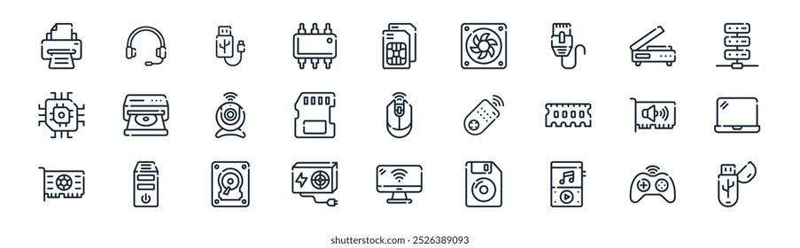linear hardware icon pack. vector thin line controller, headphones, usb, scanner, memory, laptop, monitor, pendrive icons suitable for apps and websites ui designs