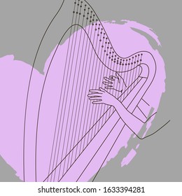 Linear harp drawing on a pink heart background. Female hands play the harp.