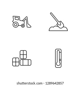 Linear Harvester, Hay bale, Digger, Temperature Vector Illustration Of 4 outline Icons. Editable Pack Of Harvester, Hay bale, Digger, Temperature