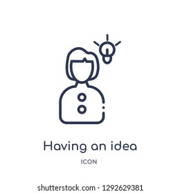 Linear having an idea icon from Education outline collection. Thin line having an idea icon vector isolated on white background. having an idea trendy illustration