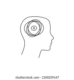 Linear head with confused brain, clew head. Problem solving concept. Editable stroke. Stock vector illustration isolated on white background