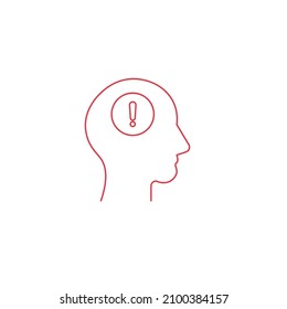 Linear head with exclamation mark, thinking concept icon. Warning feeling. Stock vector illustration isolated on white background