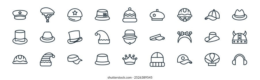 linear headwear icon pack. vector thin line turban, bike helmet, military, cap, santa hat, viking helmet, crown, earmuffs icons suitable for apps and websites ui designs