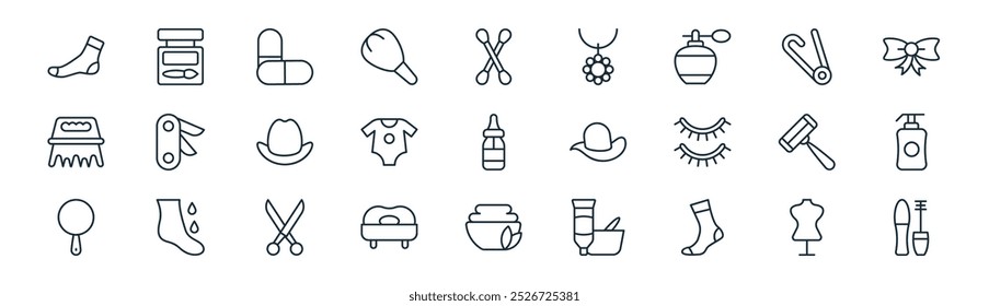 linear health and beauty icon pack. vector thin line dummy, makeup, medicine, safety pin, baby clothes, lotion, herbal treatment, mascara icons suitable for apps and websites ui designs