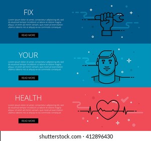 Linear health care web banners vector set. Flat line man, hand with wrench, heart and ecg line. Design set of graphic outline banners illustration