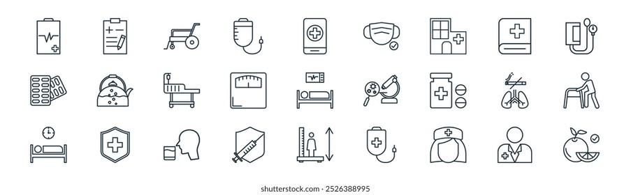 linear health and hospital icon pack. vector thin line doctor, form, wheel chair, medical book, scales, walker, height, eat icons suitable for apps and websites ui designs