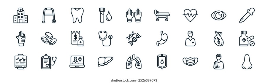 lineares Icon-Paket für das Gesundheitswesen. Vektor dünne Linie Verletzung, Walker, Zahn, Auge, Stethoskop, Medizin, Lunge, e-Icons geeignet für Apps und Websites ui Designs
