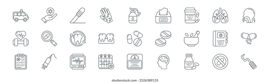 linear healthcare and medical icon pack. vector thin line no pills, medical care, surgical knife, lungs, tooth, pills, weight scale, dental probe icons suitable for apps and websites ui designs