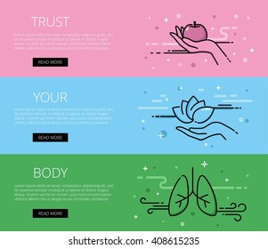 Linear healthcare web banners vector set. Line lungs, woman hands with apple and lotus flower. Design set of graphic outline banners illustration