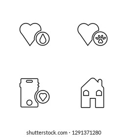 Linear Heart Drop, Charity App, Dog Pawprint, Hut Vector Illustration Of 4 outline Icons. Editable Pack Of Heart Drop, Charity App, Dog Pawprint, Hut