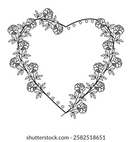 Linear heart frame made of roses. Sketch outline vector illustration