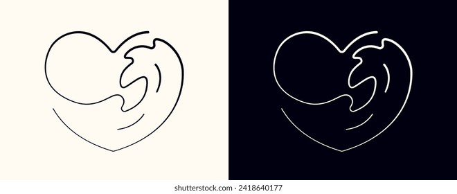 Linear heart with an inscribed sea wave. The concept of love for the sea, ocean. Minimalist graphic symbol, line art sign for logo design, emblem, etc. Vector graphic illustration.