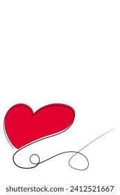 Lineares Herz mit rotem Fleck, handgezeichnet. Herzdoodle. Lineares Herz für Valentinstag. Platz für Text auf weißem Hintergrund.