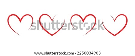 linear heart, set of red hearts, one line art, simple design element for valentine day, vector illustration