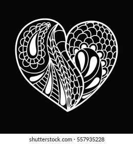 Linear heart in the style of zentangle, doodle on a black background. Hand drawn vector illustration for Valentine's Day.