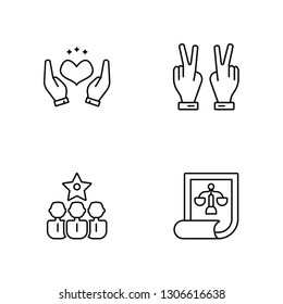 Linear Heart, Teamwork, Hands, Law Vector Illustration Of 4 outline Icons. Editable Pack Of Heart, Teamwork, Hands, Law