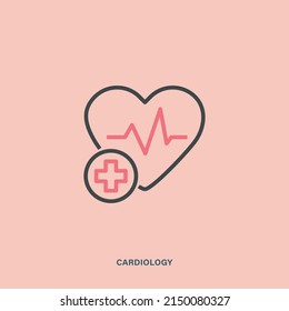 Icono de vector de corazón lineal. Pictograma de cardiología de contorno con pulso y escudo con cruz