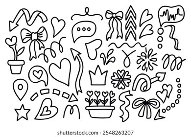 Corações lineares, setas, bolhas de fala, coroa, estrela e bows.Doodle elementos conjunto isolado no fundo branco.Vetor design para cartão decorado, cartazes, banner.Valentine's Day ilustração gráfica. 