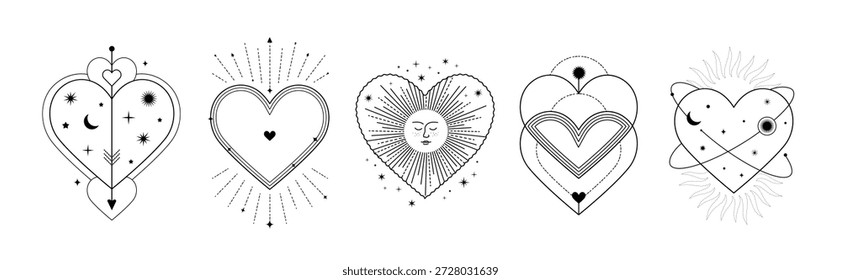 Corazones lineales con símbolos mágicos celestiales aislados sobre fondo blanco. Conjunto de ilustraciones para tatuaje.