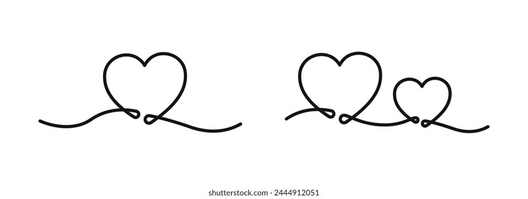 Linear hearts. Heart shape. Heart icons. One line drawing hearts