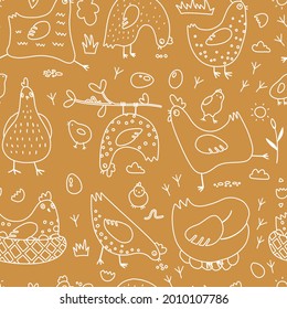 Linear hen birds seamless pattern. Hand drawn outline doodle chickens and eggs. Can be printed and used as wrapping paper, wallpaper, textile, fabric, etc. Cute vector backdrop