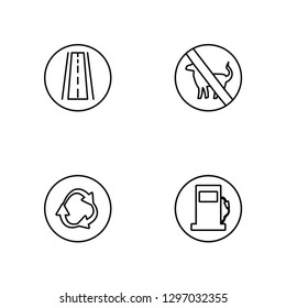 Linear Highway, Roundabout, No pets, Gas station Vector Illustration Of 4 outline Icons. Editable Pack Of Highway, Roundabout, No pets, Gas station