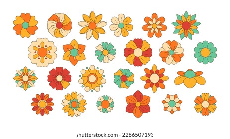 Linear hippie flowers. Doodle groovy flower icons, sixties flower power symbols, abstract outline colorful flower symbols. Vector collection. Different floral elements, vivid blossom isolated set