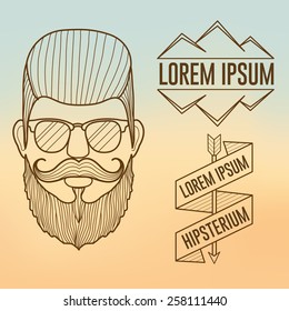 Linear Hipster face and badges,banners on blurred background